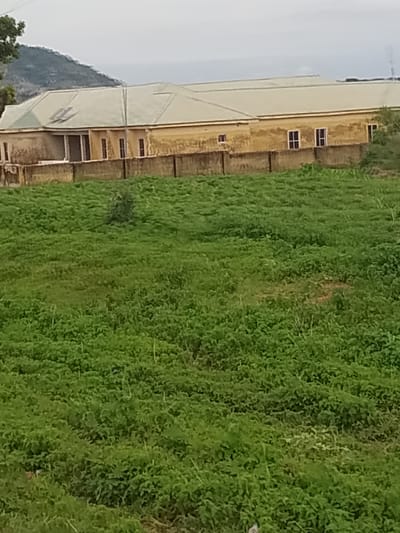 The image shows a building with a light-colored roof and yellow walls, behind a low wall and a field of green vegetation in Barikin Sibre, Nigeria. The building appears to be a single-story structure with multiple windows and what looks like a covered porch or entrance area. The vegetation in the foreground is dense and appears to be a crop or wild growth. The sky is overcast, suggesting cloudy weather. The overall scene is one of a rural or semi-rural setting.