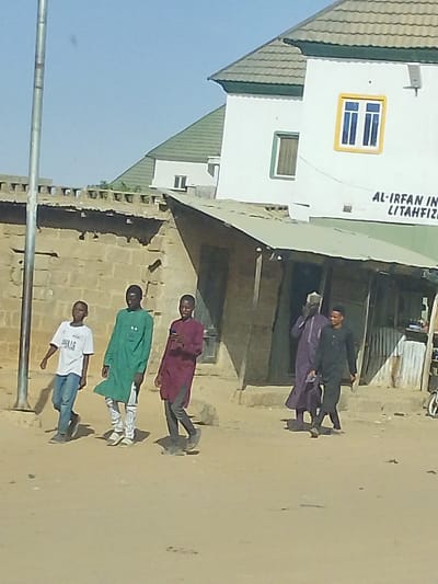 The image displays a daytime street scene in Mariri, Nigeria. Five males are positioned on a light-colored dirt road. From left to right, a young male in a white t-shirt and blue jeans walks left. Beside him, a young male in a green tunic and striped pants walks left. Adjacent to him, a young male in a maroon tunic and dark pants walks left while observing a smartphone held in his right hand. Behind this group, an older male in a purple tunic and a light-colored cap walks right, with his right hand raised near his face. Alongside him, a young male in a dark tunic walks right.
In the background on the left, a low, rough-hewn stone wall is visible. To the right of the wall, a single-story structure with a slanted corrugated metal roof is present. Behind these, a two-story white building with a green tiled roof features a prominent yellow-framed window with blue vertical bars. Text reading "AL-IRFAN IN LITAHFIZ" is visible on its facade, and a solar panel is mounted on its roof. Another building with a green roof is partially visible beyond it. A tall, thin metal pole stands vertically on the far left. The sky is clear, and strong sunlight casts distinct shadows.