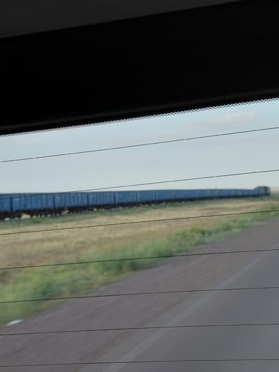 The image captures a long train of blue freight cars stretching horizontally across a flat, grassy landscape under a pale sky. The train is positioned in the middle ground, viewed through horizontal lines, likely from the rear window of a vehicle. The foreground shows a blurred road and more of the dry, grassy terrain. The scene appears to be an open, rural area, possibly in the vicinity of Молодежный, Kazakhstan, given its characteristic flat terrain and open skies. There are no people visible.