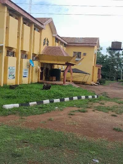 The image displays the exterior of a multi-story building, predominantly yellow/ochre in color, featuring reddish-brown tiled pitched roofs, located in Ezzamgbo, Nigeria. The structure is equipped with multiple rectangular windows, many secured with bars, and several exterior-mounted air conditioning units. Three blue satellite dishes are affixed to the left facade. A prominent covered entrance area beneath a distinct, pointed, wing-like canopy, supported by red pillars, conceals dark cylindrical water storage tanks. Two rectangular informational signs, one appearing to reference "CHILDREN'S HEALTH," are visible on the lower left wall. The foreground consists of reddish-brown soil interspersed with green grass, separated by a black and white painted concrete curb from a denser patch of green vegetation closer to the building. A dark tree stump or rock is situated within this denser grassy area. In the background to the right, a tall metal tower supports a dark elevated water tank. The sky is overcast. No individuals are visible in the scene, and no overt actions or interactions are depicted.