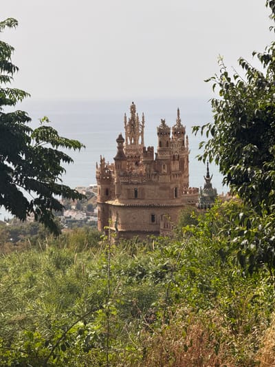 The image shows a castle with intricate architecture, resembling a medieval fortress. The castle is constructed of light-colored stone and features multiple towers, spires, and decorative elements. It is set against a backdrop of the ocean and a coastal town. Lush green foliage, including trees and bushes, frames the castle on both sides of the frame, with some dry, brown vegetation visible on the right. The sky is a hazy, light gray, suggesting either an overcast day or a bright, hazy sun. The scene appears to be a picturesque view of a historical landmark in a seaside location, possibly a tourist attraction. The orientation of the image is vertical, and it appears to have been rotated. No people are visible in the image. The time of day is likely daytime, given the lighting.