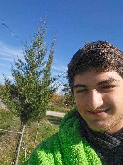 A close-up, eye-level selfie-style image depicts a young adult male, smiling faintly, occupying the right half of the frame. He has short dark hair, a light mustache, and a short beard/stubble. He wears a bright green, textured, hooded garment over a dark grey hooded sweatshirt. The outdoor background, located in Buriani, Georgia, is under a clear blue sky with sparse cirrus clouds. To the left of the male, two slender, green coniferous trees with visible brown cones stand. The leftmost tree is supported by a white rope or wire attached to its trunk. Behind the trees and the male, a light-colored unpaved road or path curves to the right, bordered by green and brown vegetation. In the far background, additional trees with autumnal yellow and brown foliage are visible.