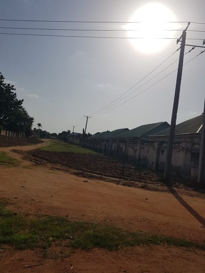 The image depicts a sunlit, outdoor scene in Palade, Nigeria. The sun is intensely bright, positioned on the left side of the frame, creating a lens flare and washing out the sky with its glare. A power line with multiple wires extends across the sky, supported by wooden poles.

In the background, a long, low-rise building with a dark green roof is visible. The building appears somewhat weathered, with peeling paint and some visible architectural details like decorative moldings. Adjacent to the building, there's a strip of cultivated land, appearing as dark, tilled soil with some patches of green grass.

The foreground is dominated by a dirt path or road, which is reddish-brown in color. A narrow strip of green grass runs along the edge of the path. The overall scene suggests a rural or semi-urban environment in a tropical or subtropical climate, likely during the daytime, given the strong sunlight. There is no visible text in the image. The angle of the shot, with the horizon appearing tilted, suggests the camera might have been held vertically.
