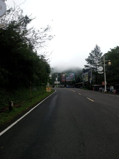 The scene depicts a curved asphalt road on an overcast and foggy day, presented as being in the city of Bangtsho, Bhutan. The road surface appears damp in sections and features a solid white line marking its left edge, with a dashed yellow line indicating the center as it curves to the right and ascends into the distance. To the immediate left, a steep embankment is densely covered in dark green foliage, with some sparse, bare tree branches extending into the sky. A small, light-colored concrete or stone post is visible at the very bottom left roadside, and further up the embankment, a yellow sign with black text, partially visible as "HATI-HATI" (Indonesian for "BE CAREFUL"), is affixed.
On the right side of the road, several decorative streetlights or utility poles with round, illuminated fixtures are spaced out. Multiple large billboards are present; one prominent billboard displays text in red, including "DISEWAKAN RUANG KANTOR" (Indonesian for "Office Space for Rent") and a circular logo, while another dark billboard shows white text such as "GATSBY STREETSHOP." These signs indicate Indonesian language. Behind the billboards and streetlights, a series of small, single-story structures, possibly shops or stalls, line the roadside, some featuring corrugated roofs. Interspersed among these structures are several evergreen trees. The background features obscured hills or mountains, heavily veiled by thick fog or low clouds that merge with the bright, featureless sky. No individuals are present in the visible area; however, several parked vehicles are discernible in the distance on the right side of the road near the commercial signs.