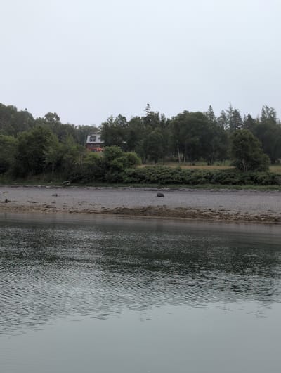 The image depicts a serene, overcast day scene in Campobello Parish, Canada. In the foreground, a body of water with gentle ripples reflects the muted sky. The middle ground features a pebble beach scattered with seaweed and a few rocks. Beyond the beach, a lush green forest extends, punctuated by a red house with a white-trimmed roof and windows. The trees form a dense backdrop, with some taller evergreens interspersed among deciduous trees. The overall atmosphere is tranquil and natural, suggesting a coastal or lakeside setting.