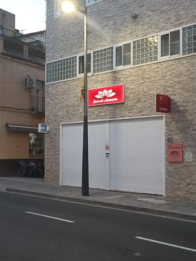 The image depicts a street scene in Tortosa, Spain, in the evening. A building with a brick facade features a large, white rolling door and several windows. Above the door, a red illuminated sign with a white lotus flower logo reads "Salvado Assessors." To the right of this sign, a smaller red sign displays the word "Occident." In front of the building, a lamppost with a lit lamp stands prominently. To the left, a beige building has a striped awning above a window, and a blue sign with "apr" is visible. The street in the foreground is asphalt with a white line marking. The overall ambiance suggests a commercial or residential area.