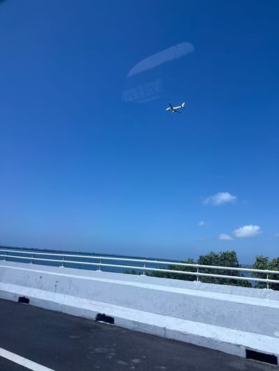 A white airplane is visible in the clear blue sky, flying high above a body of water. In the foreground, a white concrete barrier with metal railings separates the water from a road. The scene appears to be a bridge overlooking the ocean.