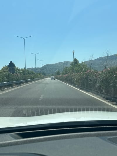 The image depicts a perspective from inside a vehicle traveling on a road. The road itself is asphalt with white lane markings, and it extends into the distance. On the right side of the road, there is a metal fence bordering a line of dense green bushes interspersed with pink flowers. Beyond the bushes, a hill with sparse trees and dry branches is visible, leading up to a mountainous backdrop under a clear blue sky. On the left side of the road, there is a metal guardrail and a black triangular traffic sign. Several streetlights are visible along the roadside, with the closest ones on the left having a distinct Y-shaped design. Further down the road, a white car is seen driving ahead. The foreground shows the dashboard and windshield of the vehicle from which the photo is taken. The overall environment suggests a sunny day in a semi-rural or exurban setting, possibly on the outskirts of a city like Rrethinat, Albania, given the presence of road infrastructure and natural landscaping.