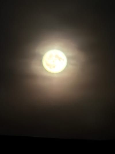 A full moon is visible in a dark sky, surrounded by a soft halo of light. The moon is the brightest object in the image, appearing as a glowing orb with subtle texture. Wispy clouds or atmospheric haze diffuse the moonlight, creating a luminous effect. The lower portion of the image is obscured by a dark, indistinct silhouette, likely representing the horizon or ground. The overall scene is dark and atmospheric, with the moon serving as the sole focal point. No people or specific landmarks are identifiable. The image appears to be a nighttime photograph taken in Kamianka-Buzka, Ukraine.
