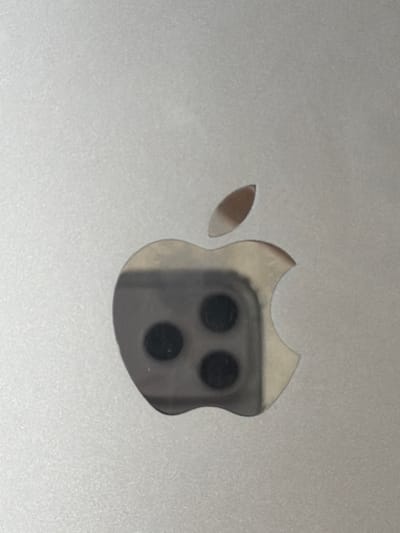 The image shows a close-up of the Apple logo, which appears to be engraved or cut out of a metallic surface. The Apple logo is silver and is reflecting a camera lens array that contains three circular black lenses. The surface around the logo is a textured, light gray metal. There is no indication of the city of Lyubimets, Bulgaria, in the image.