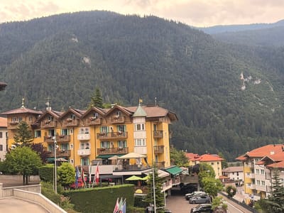 The image shows a picturesque scene in Molveno, Italy, with a grand, multi-story yellow hotel building prominently featured in the foreground. This hotel boasts numerous balconies adorned with flower boxes, contributing to a charming and welcoming atmosphere. Several flags, including the Swiss flag, are displayed in front of the hotel, suggesting an international clientele or a patriotic display.

Behind the hotel, a dense, dark green forest covers the slope of a majestic mountain that dominates the background. The mountain's lushness and the slightly overcast sky suggest it's either early morning or late afternoon, with a mild, possibly cool, climate. The clouds are a soft grey, indicating a possibility of rain or simply a diffused light.

In the lower right of the frame, a row of smaller buildings with terracotta roofs and a parking lot filled with cars are visible. These elements ground the scene in a populated area, contrasting with the wildness of the mountain. The overall impression is one of a serene mountain resort town, where natural beauty meets comfortable lodging.

There is some visible text on a sign near the parking lot, which reads "Hotel Panorama," confirming the hotel's name. The scene is peaceful and visually appealing, evoking a sense of relaxation and connection with nature.