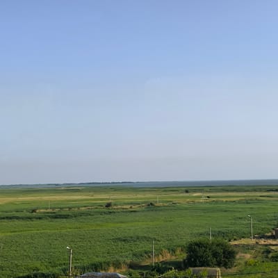 The image shows a wide, panoramic view of a rural landscape. The sky is a pale blue, taking up the upper half of the frame. Below the sky, a vast expanse of green fields stretches out towards a distant body of water. The fields appear to be covered in tall grass or reeds, with variations in green shades indicating different types of vegetation or possibly variations in terrain. Scattered throughout the fields are a few wooden utility poles and a single streetlight. In the foreground, there is a rooftop of a building, partially visible, and some green foliage. The overall impression is one of open space and nature. Based on the provided context of Morskoy Chulek, Russia, this scene likely depicts the countryside surrounding the town, characterized by agricultural land and proximity to a body of water, possibly a bay or estuary. There are no people or animals visible in the image, and the environment appears tranquil and undeveloped.