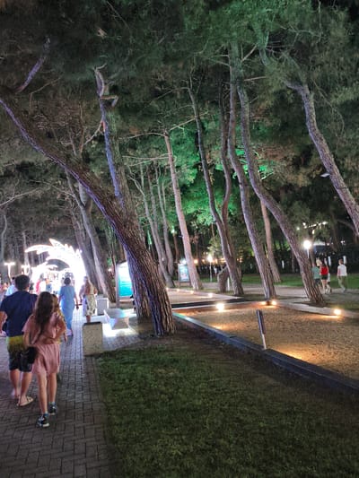 A group of people walk along a paved pathway lined with trees at night. The trees are illuminated by green lights from above, and several ground-level lights cast a warm glow on the pathway and surrounding grassy areas. In the background, a large illuminated archway is visible, with more people walking through it. The scene appears to be an outdoor promenade or park area, likely a tourist destination within the city of Krinitsa, Russia, given the context. The individuals are dressed in casual attire, suggesting a leisurely evening stroll.