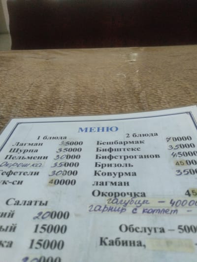 The image shows a close-up of a menu from a restaurant. The menu is printed on white paper with a blue border. The text is in Cyrillic script and appears to be a list of dishes and their prices. Some of the dishes listed include "Лагман", "Шурпа", "Пельмени", "Окрошка", "Гефтели", "Бешбармак", "Бифштекс", "Бифстроганов", "Бизоль", and "Ковурма". Prices are listed in numbers, with some appearing to be in the thousands. There are also handwritten additions to the menu, such as "голубцы – 40000" and "гарнир с котлет –". At the bottom of the menu, there are also entries for "Салаты", "Обслуга", and "Кабина". The background of the image is a textured brown surface, possibly a table or a wall. The lighting suggests the image was taken indoors, possibly in a dimly lit environment. There are no people visible in the image.