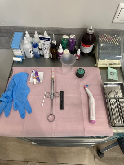 A dental surgery setup is arranged on a light grey countertop. The setup includes various dental tools and equipment, such as endodontic burs, disinfecting solution, dental cotton pellets, an instrument tray with dental instruments, a Sonic Irrigator, a polishing paste, a dental syringe, cotton swabs, anesthetic gel, and protective gloves. The scene is likely in a dental office.
The text "Henka Мята Паста стоматологическая шлифовальная" is visible on a tube. The Russian text near the brown bottle contains the words "ОРГЕКСИДИН АНТИСЕПТИЧЕСКСИла мл."