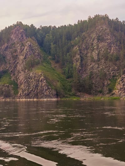 The image shows a wide, dark river flowing in the foreground, with visible ripples and reflections on its surface. In the background, a steep, rocky cliff face rises, covered in lush green vegetation and scattered pine trees. The cliff is a dominant feature, with rough textures and varied shades of gray and brown rock. The trees are dense and create a dark green canopy, particularly at the top of the cliff. The sky above is overcast with a light, muted gray hue, suggesting a cloudy or misty atmosphere. The overall scene depicts a natural, wild landscape, characteristic of a remote, forested river valley. The location is identified as Beregovaya-Podemnaya, Russia, implying a natural setting within this region. There are no people, animals, or man-made structures visible in the image. The focus is entirely on the natural environment.