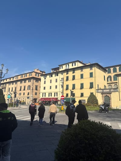 This image depicts a sunlit urban street scene in Piazza Napoleone, Lucca, Italy.

The foreground on the left shows the partially obscured back of a male individual wearing a dark top with a fluorescent green band displaying white text, possibly "C_MD". To the right, a dark green, manicured bush occupies the immediate foreground.

In the mid-ground, a paved street or crosswalk is visible, across which a group of five individuals is walking away from the camera. From left to right: one individual in dark clothing carrying a red backpack; a female with dark hair in a dark jacket and light jeans; a male in a tan jacket and dark trousers; a male in a dark cap, dark jacket, and dark backpack; and another male in a dark jacket and dark trousers.

Beyond the pedestrians, the scene opens to an intersection or roundabout. Traffic infrastructure includes black traffic light poles, a red circular "No Entry" sign with a white bar, and other blue circular street signs mounted on yellow poles.

The background features several multi-story buildings with traditional Italian architecture. The facades are predominantly pale yellow or ochre, with numerous windows featuring dark green wooden shutters, some open, some closed. On the far left, a tall, dark grey ornate lamppost with multiple light fixtures stands. Below one of the yellow buildings, a cafe with distinctive red retractable awnings is visible. The prominent building on the far right, part of the Palazzo Ducale, displays a grand arched entryway with elaborate stone detailing and arched windows on upper floors.

On the right side of the street, a white motorcycle with black accents is in motion, moving away from the viewer. The rider is wearing a helmet and dark clothing. The sky is clear and brilliant blue, casting distinct shadows across the paved areas, indicating bright daylight.