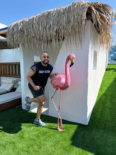 In Baliovtsi, Bulgaria, a man poses with a pink flamingo statue in front of a white building with a thatched roof. The man is wearing a black t-shirt that says "DAILY FICTION," black shorts, and grey sneakers. He is smiling and has one leg bent at the knee. The flamingo statue is positioned to his right, and it is approximately the same height as the man. The building appears to be a small structure, possibly a beach hut or cabana, with a rough white exterior and a thatched roof made of dried palm leaves. Artificial grass covers the ground, creating a vibrant green surface. In the background, lounge chairs are visible, suggesting a relaxation area. The sky is clear and blue, indicating a sunny day.