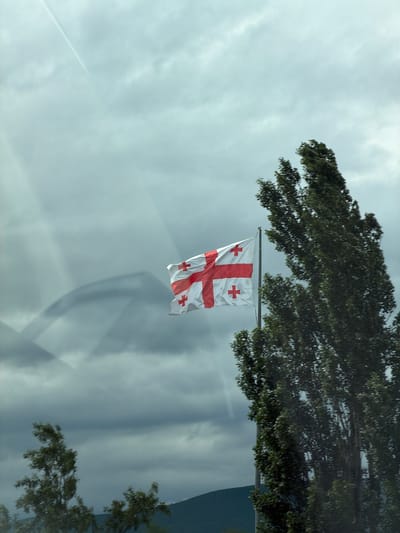 The image depicts the flag of Georgia, characterized by a white field with a large red St. George's cross in the center and four smaller red crosses in each quadrant. It is suspended from a branch of a tree against a cloudy sky. The location appears to be Tedotsminda, Georgia. Further background details are obscured by the sky and the tree.