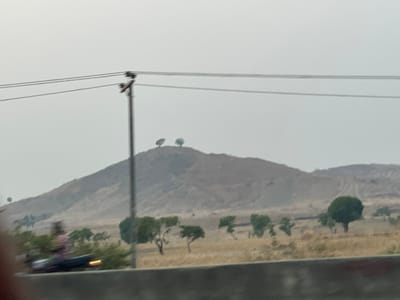 A landscape view features a desolate, beige hill rising in the background, sparsely dotted with trees. Two trees stand prominently on its peak. A few more trees dot the flat terrain in front of the hill. Overhead power lines intersect with a utility pole. A blurred vehicle streaks past in the foreground, suggesting motion. The scene is hazy, with muted colors contributing to a dry, almost barren feel.
