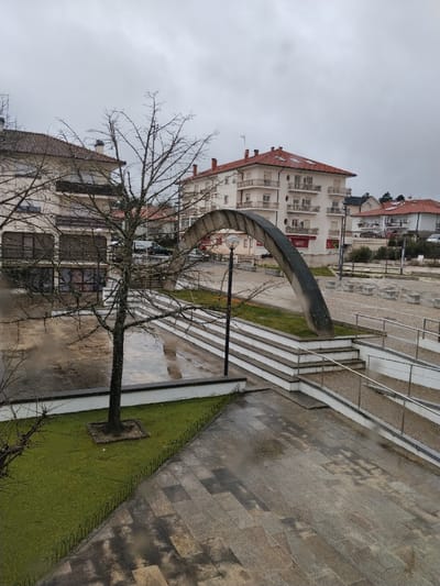 The image displays a public square or plaza located in Carrazeda de Ansiães, Portugal, under an overcast, grey sky. The ground surfaces are visibly wet, indicating recent rain.
In the immediate foreground on the left, a deciduous tree, bare of leaves, stands centered in a rectangular patch of green grass. A low wall with a dark top and white base borders this grass patch, alongside a short, black metal perimeter fence. To the right, a large expanse of multi-toned grey paved stone, reflecting moisture, occupies the lower right quadrant. This paved area ascends towards a section featuring multiple white concrete steps with dark risers, paralleled by a metal-railed accessibility ramp. A single black lamppost stands near the junction of the steps and ramp.
In the midground, a prominent, large, dark, weathered arch-like sculpture rises from a raised island of green grass. Beyond this central feature, additional paved areas are visible, containing numerous low, cuboid stone structures that serve as seating or decorative elements.
The background is dominated by several multi-story buildings. To the left, a light-colored building with dark-framed windows and a reddish-brown tiled roof is partially obscured by the bare tree. In the center-right, a larger, light-colored residential building features several rounded balconies with railings and a reddish-brown tiled roof with dormer windows. Red signage is visible on its ground floor. Further to the right and slightly elevated, additional residential buildings with similar architecture and red roofs are present. A white van and a dark-colored car are parked in the mid-background, near the buildings. The scene is devoid of any individuals.