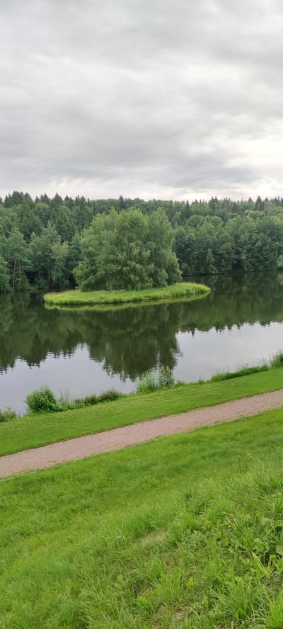The image captures a serene natural landscape at Росинка Кп, Russia. The scene is dominated by a tranquil lake reflecting the lush greenery of the surrounding forest. In the middle of the lake, a small, verdant island covered in grass and trees adds a focal point. The background is a dense forest composed of various shades of green trees, creating a rich texture. Above, the sky is overcast with soft, diffused light, suggesting it might be a cloudy day or perhaps early morning or late evening. A dirt path runs diagonally across the lower part of the image, bordered by vibrant green grass on both sides, indicating a well-maintained park or recreational area. The overall atmosphere is peaceful and idyllic, with no people or specific objects other than the natural elements and the path. The absence of direct sunlight and the cloudy sky contribute to a calm, almost muted ambiance.