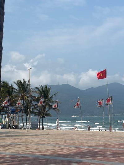 The image displays a daytime scene at a beach in An Hải Ward, Vietnam. In the foreground, a patterned paved surface, consisting of reddish-brown and lighter rectangular tiles, extends across the lower portion of the frame. A dark, thick vertical object, possibly a tree trunk, partially borders the left edge.

The midground features a sandy beach lined with approximately ten decorative triangular flags on poles. These flags are primarily blue and white with a central red-orange triangle; some appear weathered or slightly torn. A tall streetlight pole with a white luminaire stands among the flags on the left. Several palm trees are visible behind the flags, concentrated on the left side of the scene. The ocean stretches across the middle, exhibiting white-capped waves breaking towards the shore.

Multiple human figures are present on the sand and in the shallow water. One individual, wearing a white shirt and dark shorts, stands facing the ocean near the center-left of the beach. To the right, a prominent red Vietnamese flag with a yellow star is hoisted on a tall pole, extended by the wind. A white ship or boat is faintly visible in the far distance on the water.

The background is dominated by large, green mountains with undulating contours, rising under a clear blue sky dotted with scattered white clouds. Faint structures or antennae can be discerned on some of the mountain peaks.