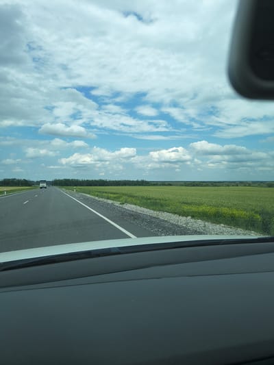 The image depicts a view from inside a vehicle, looking out through the windshield. The scene is a highway in a rural setting, characterized by vast green fields of crops stretching to the horizon under a partially cloudy sky. A single white truck is visible on the highway in the distance, traveling in the same direction as the viewer. The road is paved and has clear white lane markings. The foreground shows the interior of the car, including the dashboard and a portion of the roof lining. The overall impression is one of travel through an agricultural landscape. The location is the city of Zol'skaya, Russia.