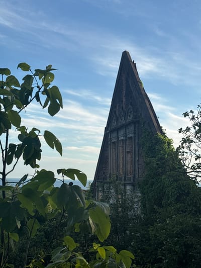 The image is a low-angle shot of a structure in Tsanbaikwara, Abkhazia. The building's architectural style includes arches and rectangular windows. The exterior is overgrown with vegetation, including ivy-like plants. The sky is partially visible, displaying a blue hue with wispy clouds. In the foreground, a branch with green leaves is visible.
