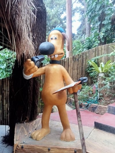 The image captures an outdoor scene in Kuwukan, Indonesia, featuring a large, light brown statue of the animated character Bitzer, a dog with a blue cap and black collar, known from Shaun the Sheep. The statue stands on a rectangular base designed to resemble a log, featuring multiple dark, round pegs.

The statue's left hand holds a black, multi-faceted whistle. Its right hand grasps a flat, rectangular object, possibly a clipboard or book, and a slender, dark stick or cane that extends downward to the ground. The statue exhibits prominent upper and lower teeth.

To the left of the statue, a thick, dark tree trunk with fibrous root structures is visible, accompanied by a section of dried, straw-like material above. The background features a tall, vertical bamboo fence. Beyond the fence, dense green foliage and additional tree trunks indicate a heavily vegetated area. To the right of the statue, a series of red-colored concrete steps ascend. Various green plants, including a large fern, are visible in the foreground and mid-ground. A coiled green garden hose lies on the ground near the base of the steps. The scene is illuminated by natural daylight, suggesting an overcast sky.