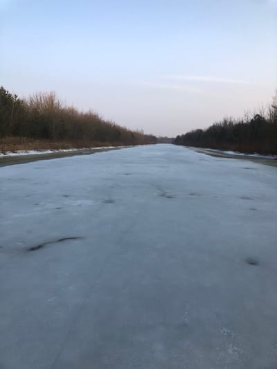 This image depicts a wide, ice-covered canal or waterway in Сапоцкінскі сельскі Савет, Belarus, under a pale, low-light sky. The frozen surface dominates the lower and central frame, presenting a light blue-grey hue with visible cracks, dark discolorations, and textural irregularities indicating uneven freezing or partial thawing. The canal is bordered on both the left and right by narrow strips of brown earth, which transition into dense, linear stands of vegetation. These stands consist primarily of bare deciduous trees and shrubs, interspersed with some coniferous trees, receding into the background. The sky, visible in the upper portion, is largely clear, transitioning from a pale blue at the zenith to a faint pinkish-orange tint near the distant horizon, suggesting either dawn or dusk. No human or animal subjects, objects of activity, or interactions are visible within the frame.