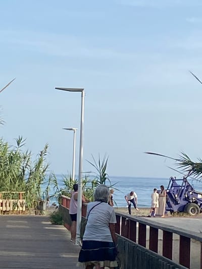 The image shows a boardwalk or promenade in Resinera-voladilla, Spain, with a view of the ocean. In the foreground, a woman with gray hair wearing a white shirt and a dark skirt is walking away from the camera. To her left, a woman wearing a pink tank top and black shorts stands facing the ocean. Further along the boardwalk, a group of people are interacting near a purple vehicle. One man in a white shirt and dark pants is bent over, appearing to pick something up from the ground. Two other figures, one in a light-colored outfit and a child in a white shirt and shorts, stand near the vehicle. The environment includes lush green foliage, streetlights, and the blue ocean under a clear sky.