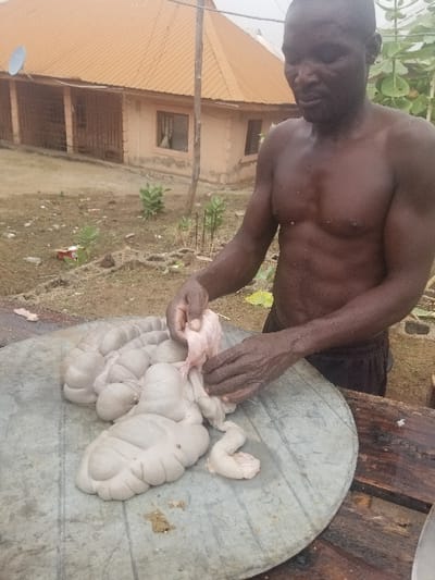 The image shows a man standing in front of a building, preparing animal intestines. The man is shirtless and has dark skin and short hair. He is holding the intestines in his hands, preparing them for consumption or sale. The intestines are arranged in a pile on a circular metal platter, which is sitting on a rough wooden table. The building in the background is a single-story house, made of brick, with a corrugated metal roof. There are small shrubs and plants growing around the building. The setting appears to be a residential or commercial area of Pati Ridge, Nigeria. The location is based on the coordinates provided: latitude 7.81, longitude 6.704.