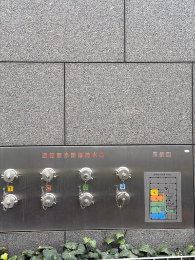 A vertical brushed metal panel mounted on a textured gray tile wall features four hose connections with chained caps labeled "4," "3," "2," and "1" with corresponding colored tags. Orange text on the panel reads "Water supply equipment water supply outlet" (translated). Above the connections, a labeled schematic diagram shows a floor plan with areas marked in various colors. Ivy grows to the right of the panel. The panel is labeled "Water spray equipment system diagram" and "System Diagram" (translated).