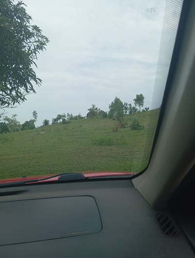The image, taken from inside a vehicle, shows a view of a grassy hill with scattered trees under an overcast sky. The foreground features the dashboard of a red car, including the "SRS AIRBAG" label. The car's windshield frames the outdoor scene. On the hill, several trees of varying sizes are visible, with a large rock formation near the top of the hill on the right. A large tree with dark green leaves is prominent on the left side of the image, partially obscuring the sky. The overall impression is of a rural or semi-rural landscape in Garin Mallum, Nigeria, viewed on a cloudy day.