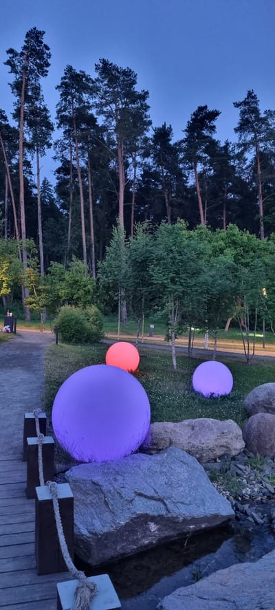 The image depicts a nighttime scene in a park-like setting, likely in Barvikha, Russia, characterized by tall pine trees and a blue twilight sky. In the foreground, large, illuminated spheres are placed on the grass. A massive purple sphere dominates the lower left of the frame, resting on and beside large rocks. To its right and slightly further back is a smaller purple sphere. To the left of the purple spheres, a wooden pathway with rope railings is visible. In the middle ground, an orange sphere is illuminated, situated on the grass. The background consists of a dense forest of pine trees. The overall atmosphere is serene and illuminated by the artificial lights of the spheres.