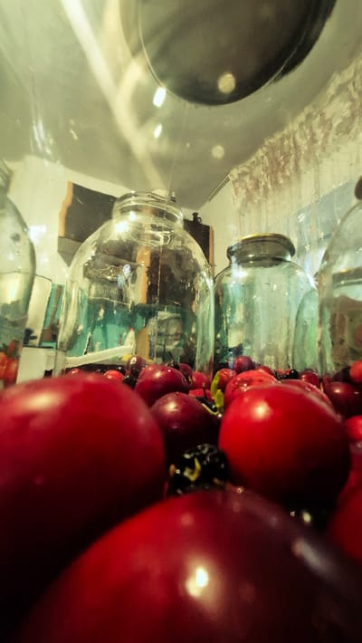 The image, taken at ground level in Troițcoe, Moldova, depicts a close-up, low-angle view of red fruits, possibly cherries or plums, in the foreground. Behind these fruits, several large glass jars are visible. The jars are transparent and have wide mouths. The lighting in the scene is uneven, creating reflections on the glass and the fruits. The background suggests an indoor setting with hints of shelves or containers and a textured wall. The overall impression is of a preserved food preparation or storage context.