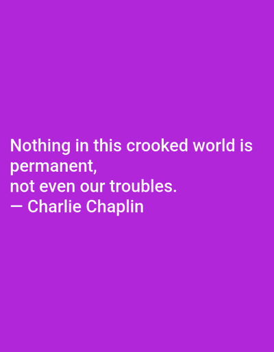 The scene, located in the city of Novo Delchevo, Bulgaria, depicts a digital image. The image features white, left-aligned sans-serif text against a solid purple background. The text reads: "Nothing in this crooked world is permanent, not even our troubles. — Charlie Chaplin". No individuals, additional objects, or environmental details beyond the textual graphic are present.
