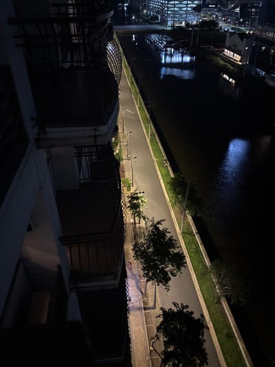 The image shows a night view from a balcony in Pasay City, Philippines, looking down at a canal, a pedestrian walkway, and a road. The perspective is from a high-rise building, with the dark facade and railing of the balcony dominating the left side of the frame. The canal, on the right, is dark and reflects the lights of surrounding buildings and streetlights, creating a shimmering, almost ethereal effect on its surface.
A narrow, paved walkway runs along the edge of the canal, lined with a strip of green grass and intermittent trees. Streetlights are visible along this walkway, casting pools of light. The road is parallel to the walkway, also illuminated by streetlights.
Further in the distance, across the canal, are modern buildings with illuminated windows and architectural details. One building, in particular, has a distinctive grid-like facade. There are also some indistinct structures and lights suggesting the presence of other urban infrastructure.
In the foreground, on the walkway, a single person is visible, wearing a pink top, walking away from the camera. Another figure, possibly a child, is seen further down the walkway. The overall scene depicts a quiet urban night, with the interplay of darkness and light creating a dramatic atmosphere.