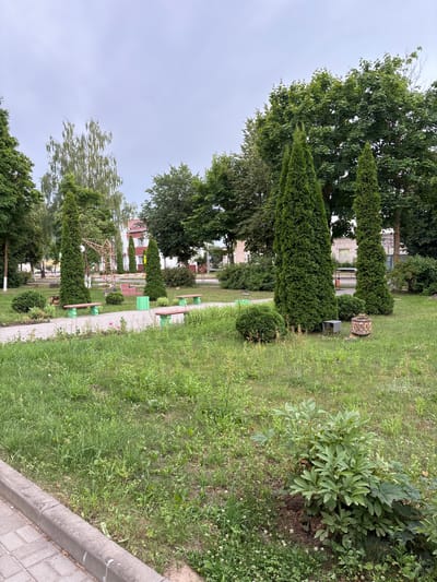 This is a photograph of a park located in the city of Pastavy, Belarus. The park features a paved walkway lined with green benches and tall, conical evergreen trees. Lush green grass and various plants surround the walkway. In the background, trees and buildings are visible under a cloudy sky. The scene appears peaceful and well-maintained, suggesting it is a public space designed for relaxation and recreation.