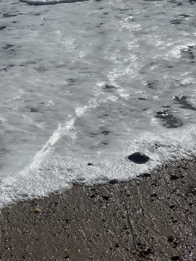 This image depicts the shoreline of a beach in Worthing, United Kingdom, captured at a low angle. The upper two-thirds of the frame are dominated by a body of water, characterized by extensive white sea foam and shimmering reflections of sunlight. The foam exhibits varying densities, creating an irregular, frothy surface with visible individual bubbles. Towards the bottom third of the frame, the water transitions into a wet, dark grey shingle beach, composed of numerous small, rounded pebbles and fragments. A distinct line marks the interface where the receding or incoming foam meets the wet shingle. Several darker, larger pebbles are partially visible both within the foamy water and along the immediate edge of the shingle, with one prominent dark, rounded stone situated at the lower right edge of the foam. The scene is devoid of human subjects or identifiable objects other than natural elements.