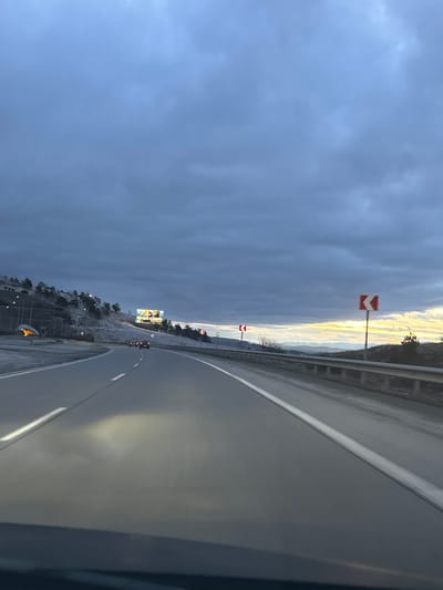 An overcast sky looms over a curved highway. The road surface reflects light, suggesting wet conditions. Signs with red chevrons are posted along the roadside. A billboard is visible in the distance, along with sparse vegetation that appears frosty or snow-covered. The photograph appears to have been taken from inside a vehicle.