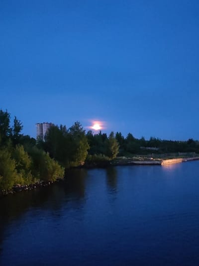 The image depicts a serene twilight scene of the Sheksna River in Sheksna, Russia. The sky is a deep, clear blue, transitioning into darker hues near the horizon. A bright, full moon is prominently featured, casting a warm, pinkish glow that illuminates the surrounding clouds and the edge of a distant building. The river, a dark, glassy expanse, reflects the dim light of the moon and the twilight sky. Along the left bank, lush green trees with distinct foliage create a dense line of vegetation. On the right bank, a man-made structure, possibly a pier or dock, is visible, with a faint yellow light emanating from it, creating a reflection on the water. The building in the background appears to be a multi-story structure, possibly an apartment building or an industrial facility, constructed with concrete. The overall atmosphere is tranquil and peaceful, characteristic of a calm evening by the river.