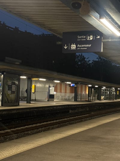 The image depicts a train or metro station platform at night, likely in Champigny-sur-Marne, France. The scene is illuminated by numerous artificial fluorescent lights attached to an overhead concrete and metal structure that shelters the platform.
A prominent dark blue directional sign with white text and icons hangs from the overhead structure. It indicates "Sortie" (Exit), translated below as "Exit" and "Salida," with an arrow pointing right. Below this, it says "Ascenseur" (Elevator), translated as "Lift" and "Ascensor," with an arrow pointing down. Accompanying icons include a person exiting, a person with luggage, a wheelchair user, and a baby stroller, indicating accessibility features.
The platform floor is concrete, with a strip of tactile paving running along the edge nearest the tracks. Beyond this, two train tracks are visible, laid on a bed of gravel. No trains or people are present on the tracks or platform.
Further down the platform, a series of support pillars and translucent fences or barriers are seen, alongside more lights. A yellow box labeled "Alarme" (Alarm) is mounted on a pillar. The background is dark, revealing the silhouettes of trees against a night sky, indicating the outdoor setting and late hour. The general atmosphere is quiet and deserted.