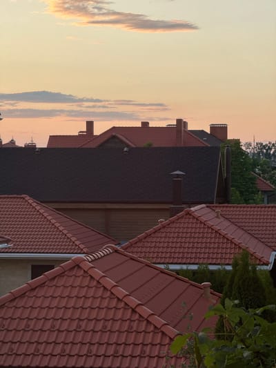 A medium shot captures an aerial view of terracotta tiled roofs against a softly lit, pastel-colored sky, likely at dusk or dawn. The sky features scattered, wispy clouds tinged with peach and lavender hues. In the foreground, several houses with red-tiled roofs are visible. The roofs are a mosaic of curved, overlapping tiles, some appearing newer and more uniform than others. Various architectural elements are present, including chimneys of different designs: one brick chimney with a square cap, another sleeker, darker chimney with a conical top, and a smaller, lighter colored vent on one of the roofs. The houses themselves are not fully visible, but glimpses of walls suggest construction with wood paneling and lighter colored siding. Evergreen trees and foliage intrude into the frame from the bottom right, adding a touch of natural green to the predominantly earthy tones of the rooftops. The scene suggests a residential neighborhood. The image is located in the city of Novogusel'skii, Russia.
