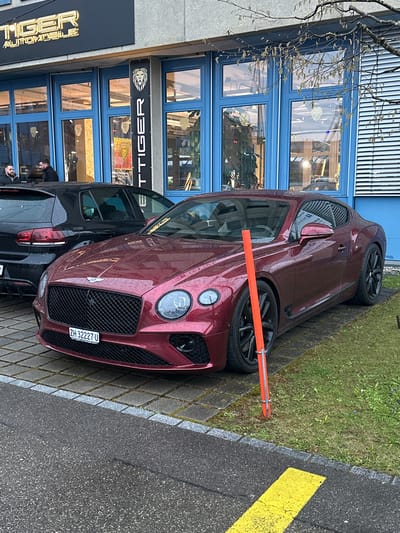 The image captures a street scene in Wetzikon (ZH), Switzerland. A burgundy Bentley Continental GT is parked on a paved area near a building identified by the "TTIGER AUTOMOBILE" signage. The Bentley's license plate reads "ZH 32227U". Adjacent to the Bentley is a black hatchback. A safety barrier is in front of the Bentley's front wheel. Reflections of people are visible in the windows of the "TTIGER" building, with two men wearing dark attire partially visible beside the hatchback. A strip of grass is on the edge of the paved area, next to asphalt pavement with a yellow line. A tree branch is visible on the left side of the frame. The weather appears to be wet.