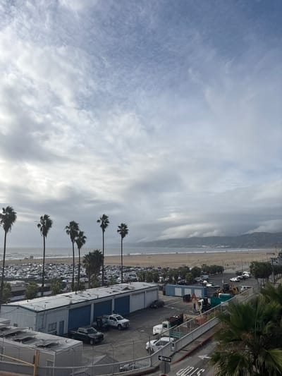 An elevated view of Santa Monica State Beach under a cloudy sky. A line of palm trees separates a vast parking lot from the sandy beach. Adjacent to the lot, are low white buildings and parked cars. A street runs alongside the buildings, marked by a "One Way" sign and pedestrian walkway. The beach stretches towards a hazy, distant shoreline.