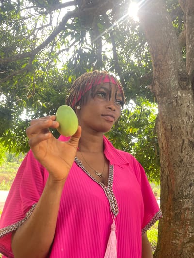 In a vertically oriented outdoor shot taken in Ogbe, Nigeria, a young woman is depicted under the dense canopy of a large tree. She has dreadlocks pulled back by a pink headband and wears a bright pink garment, possibly a dress or top, adorned with silver and gold chain-like trim and a pink tassel detail. In her right hand, she gently holds a small, unripe green mango.
The woman gazes upwards with a serene or contemplative expression. Bright sunlight streams through the abundant green leaves and thick, gnarled branches of the tree, creating prominent sun rays and dappled light, indicating it is daytime. The lush foliage and the presence of the mango suggest a tropical environment. She also wears a necklace with an 'S' initial pendant and a small stud earring. The image captures a tranquil moment amidst nature, highlighting the local fruit.