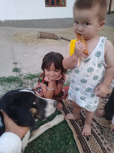 The image depicts a group of children and a dog outdoors, likely in a residential courtyard in Sultonobod, Tajikistan. A young child, a boy, stands in the foreground, wearing a white tank top with soccer ball patterns and shorts. He is holding a yellow object and eating a piece of food. To his left, a young girl is sitting on the ground, her chin resting on her hands, with a bracelet on her wrist. She is wearing a colorful dress. In the lower left of the frame, a black and white dog is being held by a person's hand. The ground is a mix of concrete and grass. In the background, there are piles of dried grain or seeds, a wooden box, and a portion of a building with a window. The overall impression is one of a casual, rural setting.
