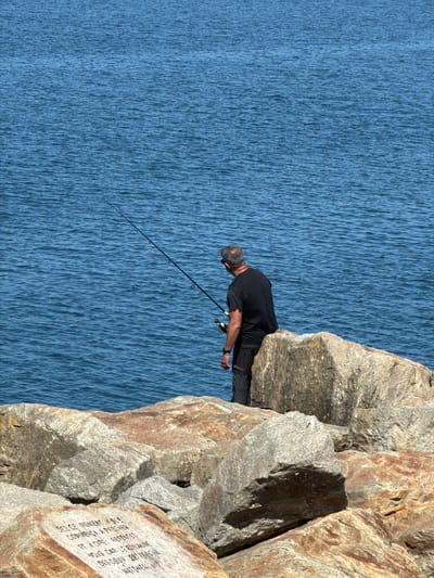 A lone fisherman stands on a rocky shore, casting his line into the calm, blue sea under a clear sky. He is dressed in a black t-shirt and grey shorts, with a black watch on his left wrist. The rocks beneath him are a mixture of grey and brown, some with faint inscriptions. The water is a deep blue, with gentle ripples breaking the surface. The scene is one of quiet solitude and the simple pleasure of fishing. This location is the Gafanha da Nazaré, Portugal.